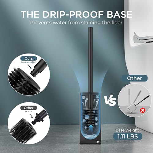FORIOUS Toilet Brush and Holder Set with 2 Brush Head Square Medium Black | Heavy Duty 304 Stainless Steel Base, Silicone and Plastic Brush Heads, Long Handle for Deep Cleaning, Drip-Proof