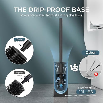 FORIOUS Toilet Brush and Holder Set with 2 Brush Head Square Medium Black | Heavy Duty 304 Stainless Steel Base, Silicone and Plastic Brush Heads, Long Handle for Deep Cleaning, Drip-Proof