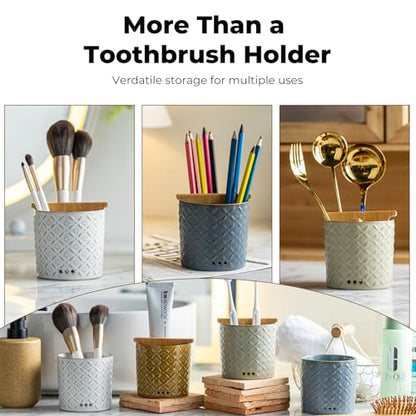 Toothbrush Holders, Ceramic Electric Toothbrush & Toothpaste Holder | Detachable 3 Slots Tooth Brush Cup with Drain Holes & Bamboo Divider, Makeup Brush Storage Holder for Bathroom, Family, Kids