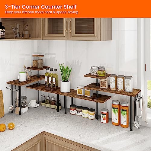 Kitchen Countertop Organizer - 3 Tier Corner Shelf, Bathroom Counter Organizer, Spice Rack, Coffee Bar, Over Sink, Rustic Brown