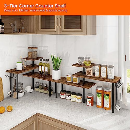 Kitchen Countertop Organizer - 3 Tier Corner Shelf, Bathroom Counter Organizer, Spice Rack, Coffee Bar, Over Sink, Rustic Brown