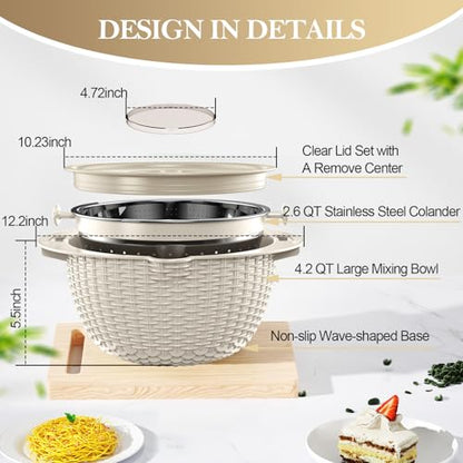 4-in-1 Colander with Bowl Set — Patented 360° Rotatable Strainer Bowl with 3 Graters, Snap-On Lid & Non-Slip Base, Funny Kitchen Present for Women, Aesthetic Pasta Fruit Vegetable Strainer (Beige)