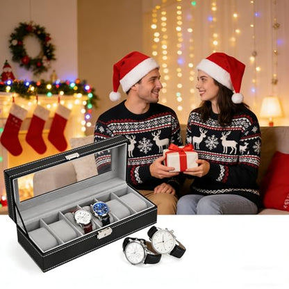 NEX 6 Slots Watch Box Organizer for Men, Black Watch Holder Display Case | Watch Storage Case