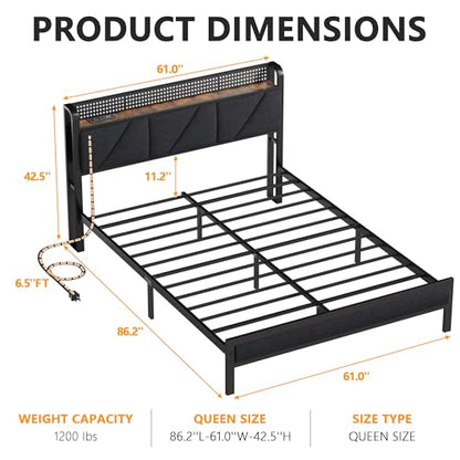 Queen Bed Frame with Storage Shelf and Upholstered Headboard