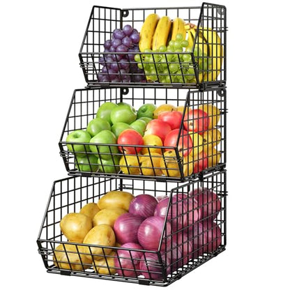 3-Tier Stackable Wire Baskets, Fruit and Vegetable Storage for Counter | Wall-Mount Potato and Onion Storage Bin, Metal Produce Basket, Kitchen Pantry Organizer and Storage on Cabinet for Snack/Can