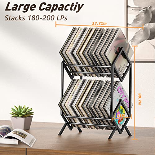 RUILALIFE 2-Tier-Vinyl-Record-Storage-Holder With Dividers, 200 LPs Albums Storage Rack Shelf, Steel Music Records Display Shelf Organizer For Book, Magazine, Files