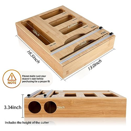 Storage Bag Organizer with Foil and Plastic Wrap Organizer , Aluminum Foil Dispenser with Cutter, Bamboo 6 in 1 Baggie Organizer Suitable for Gallon, Quart, Sandwich, Snack