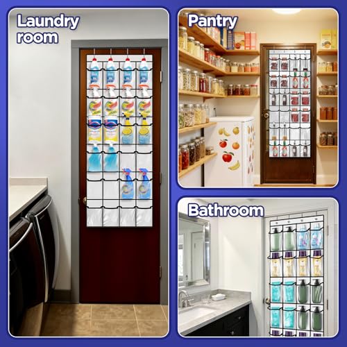 Clear Cleaning Supplies Organizer,Cleaning Products 24 Pockets Large Capacity Over The Door All-Purpose Cleaner Holder for Laundry Bathroom Auto Glass Cleaner Organizer for Garage,Spray Bottle Holder