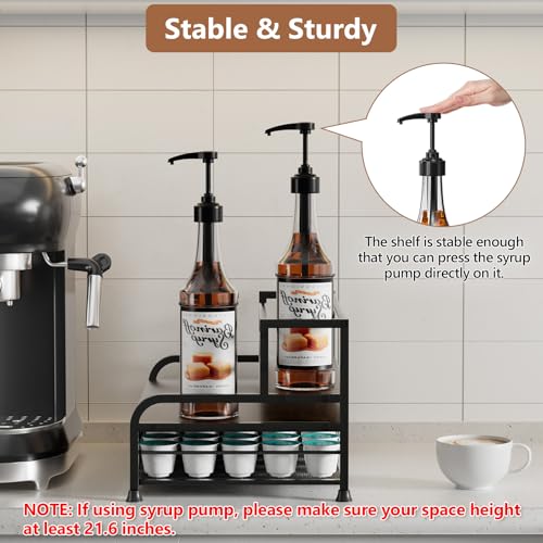 Coffee Syrup Rack Organizer, 3-Tier with 35 K-Cup Pod Holder Drawer | Black Metal Rack for 8 Syrup Bottles,Countertop Bottle Holder Stand for Wine,Space-Saving Design for Kitchen Cafe Station