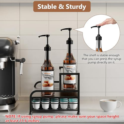 Coffee Syrup Rack Organizer, 3-Tier with 35 K-Cup Pod Holder Drawer | Black Metal Rack for 8 Syrup Bottles,Countertop Bottle Holder Stand for Wine,Space-Saving Design for Kitchen Cafe Station
