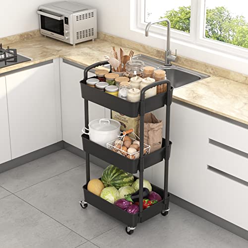 Sywhitta 3-Tier Plastic Rolling Utility Cart with Wheels for Storage,Black | Multi-Functional Storage Trolley, for Office, Living Room, Kitchen, Bathroom,Movable Organizer,Space-Saving,Easy to assemble