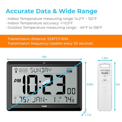 Atomic Wall Clock with Indoor Outdoor Temp, Digital Clocks (Black) | 10.5 inch Clocks Battery Operated DST Atomic Clock Wall for Living Room Bedroom Temperature Humidity Weather Station Clock