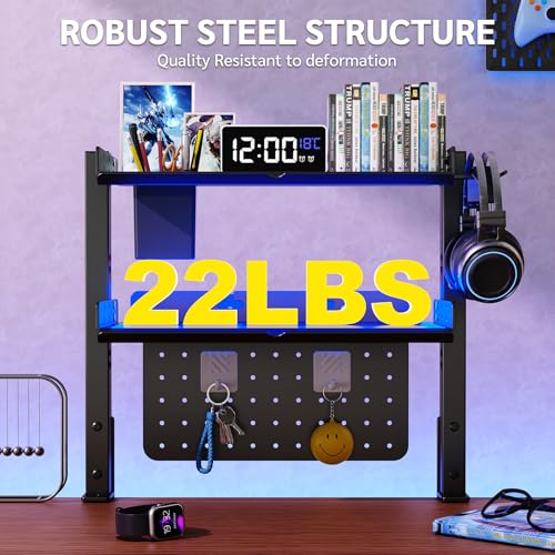 Metal Clamp On Desk Shelf,Storage Shelves with Pegboard and Pencil Holder | 2-Tier Adjustable 16 inch Above or Under Heavy Duty Desktop Organizer with Headphone Holder for Desk Accessories (Black)
