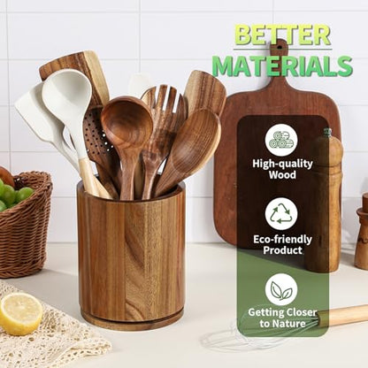 Acacia Wood Utensil Holder, 360° Rotating 7.3 in Kitchen Organizer | Rustic farmhouse countertop decor. Rotating base for easy access to spatulas, spoons, and cooking utensils. 7.3-inch capacity