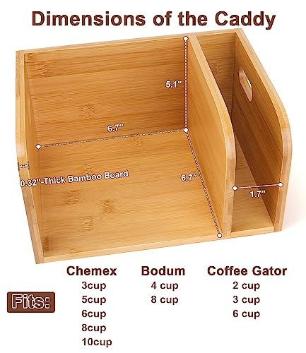 Bamboo Caddy with Lid & Heatproof Trivets Mat for Chemex CoffeeMakers | Bamboo Cup not Included - Designed for Chemex Pour - Over Glass Coffeemaker(3/5/6/8/10Cup), for Bodum Pour Over Coffee makers
