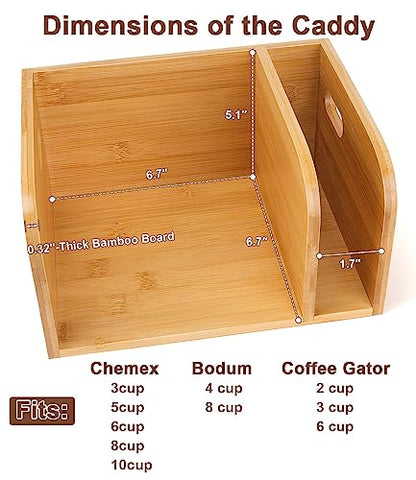 Bamboo Caddy with Lid & Heatproof Trivets Mat for Chemex CoffeeMakers | Bamboo Cup not Included - Designed for Chemex Pour - Over Glass Coffeemaker(3/5/6/8/10Cup), for Bodum Pour Over Coffee makers