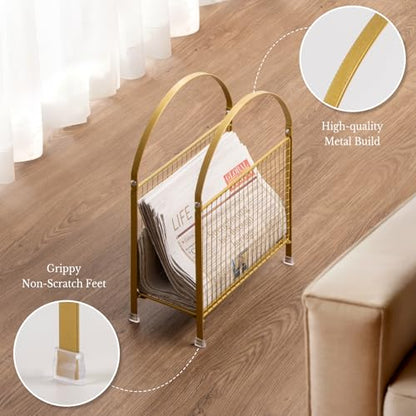 Freestanding Magazine Holder, Metal Magazine Rack Floor Stand | Modern Touch Handbag Design, for Magazine, Newspaper, Books, Vinyl Record (Gold)