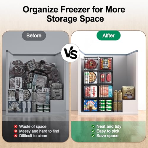 Freezer Organizer Bins, 4 Pack Big Baskets for 5/ 7 Cu.FT Deep Freezer | Stackable Chest Freezer Organizer Bins, Foldable Baskets with Handles, Black Storage Container Baskets for Sort Frozen Meats