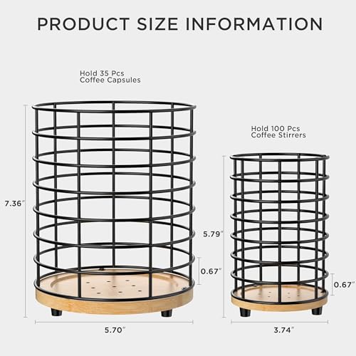HBlife Coffee Pod Holder & Coffee Stirrers Holder Set, Metal and Wooden Coffee Bar Accessories Large Capacity Kitchen Counter Decor for Keurig K cup & Nespresso Vertuo (Black Wire)