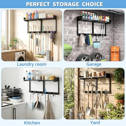 27" Mop and Broom Holder Wall Mount with Top Storage Shelf & Hooks,Black | Mop Hanger Wall Mount, 5 Grippers, 5 Hooks, Wall Organizer For Laundry Room, Garage And Kitchen