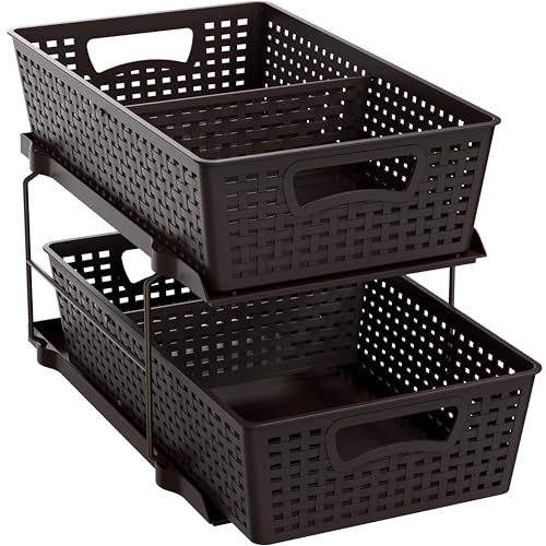 Simple Houseware 2 Tier Pull-Out Sliding Drawer Under Sink Storage, Brown | Great for Kitchen Bathroom Tray Shelf Organizer
