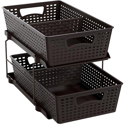 Simple Houseware 2 Tier Pull-Out Sliding Drawer Under Sink Storage, Brown | Great for Kitchen Bathroom Tray Shelf Organizer