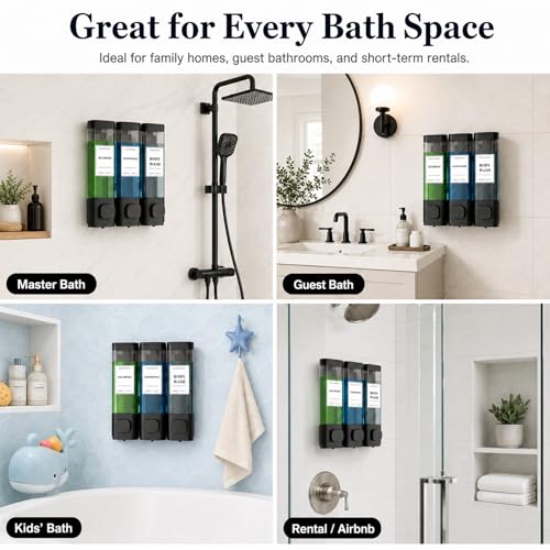 Shampoo and Conditioner Dispenser – Wall-Mounted Shower Soap Dispenser, No-Drill Installation, Lockable, 900 ml Capacity,for Bathroom & Hotel or Airbnb (Black, 3-Pack)