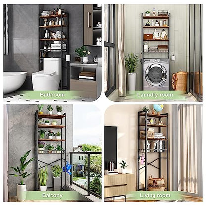 Over-The-Toilet Storage Rack, 4-Tier Bathroom Organizer Shelf Over Toilet with Adjustable Shelf and Basket, Freestanding Space Saver Bathroom Shelves Above Toilet for Room (Vintage Brown)