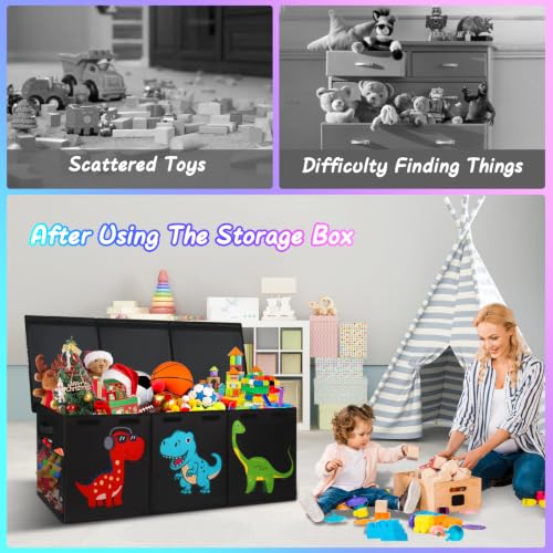 Extra Large Toy Box Chest, Collapsible Storage Bins with Lids, 40"x16"x16" | Sturdy Kids Storage Organizer Toy Bins Basket with Dividers, Bedroom Nursery Playroom Organization, Black