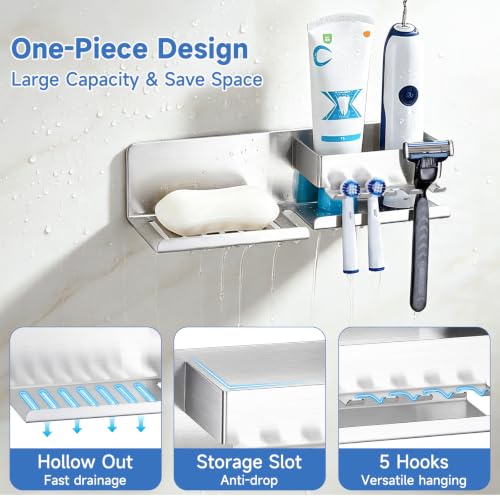 Bar Soap Holder for Shower Wall, Adhesive Soap Dish, Silver | Self-draining Soap Tray for Bathroom, Stainless Steel Soap Stand, with Baffle & 5 Hooks for Loofah, Razor, Toothbrush