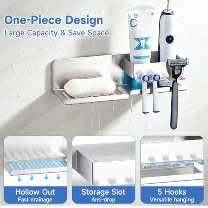 Bar Soap Holder for Shower Wall, Adhesive Soap Dish, Silver | Self-draining Soap Tray for Bathroom, Stainless Steel Soap Stand, with Baffle & 5 Hooks for Loofah, Razor, Toothbrush