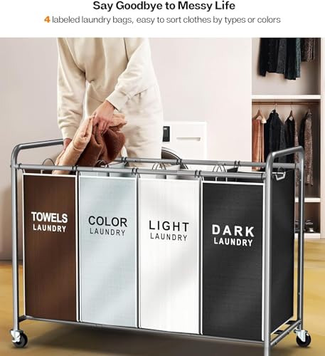 Laundry Hamper Sorter Cart, 4-Section Organizer with Lockable Wheels | Heavy-Duty 180L Rolling Laundry Basket with Removable Bags for Dirty Clothes in Laundry Room or Small Spaces, Multicolor