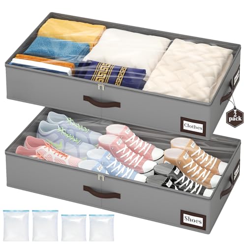 OIAHOMY 2 Pack Under Bed Storage with Handles, Underbed Container for Bedroom & Closet, Fits Beds Higher than 6", Under the Bed Storage for Seasonal Clothes, Blankets & Shoes - Grey