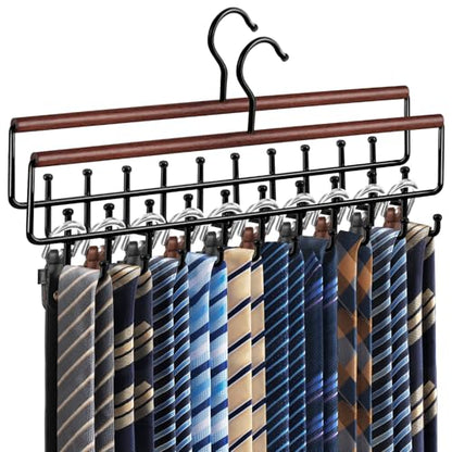 2PC Tie Belt Rack Hanger for Closet, Wood Tie Holder Organizer with 20 Hook | Upgraded 2-in-1 Tie and Belt Hanger Organizer, Large Capacity, 360° Rotating Hook, Non Slip, Space Saving, Walnut color