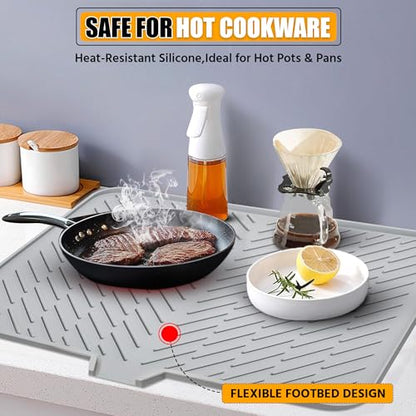 Silicone Dish Drying Mat with Built-in Drain Lip - Hygienic Drying Pad - Sturdy Compact Easy to Clean Tray Protects Surfaces Prevents Water Build Up - 23 X 17 (Grey)