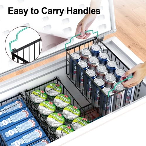 Freezer Organizer Bins, 4 Pack Big Baskets for 5/ 7 Cu.FT Deep Freezer | Stackable Chest Freezer Organizer Bins, Foldable Baskets with Handles, Black Storage Container Baskets for Sort Frozen Meats