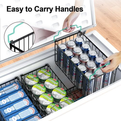 Freezer Organizer Bins, 4 Pack Big Baskets for 5/ 7 Cu.FT Deep Freezer | Stackable Chest Freezer Organizer Bins, Foldable Baskets with Handles, Black Storage Container Baskets for Sort Frozen Meats