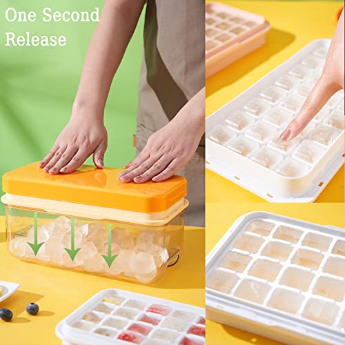 Ice Cube Tray with Lid and Bin, 64 pcs Ice Tray Kit with Ice Scoop, Ice Cube Pop Out Tray, Ice Cube Trays for Freezer, Ice Cube Molds, BPA Free, Easy Release Stackble Spill-Resistant ZZWILLB (Orange)