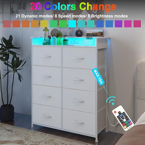 White Dresser for Bedroom with Power Outlets and LED Lights Narrow 8 Fabric Drawers Dressers Tall Storage Tower Unit for Entryway Closet Hallway Living Room Sturdy Steel Frame Wooden Top