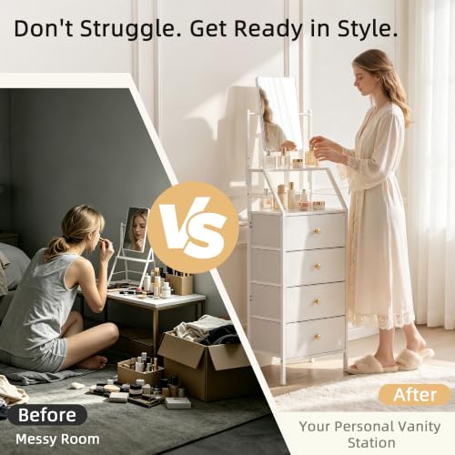 Vanity Dresser with Adjustable Mirror & 4 Drawers, White, 15.3" W | 3-Way Adjustable Mirror, 2-Tier Shelves, Steel Frame, 11-Inch Deep for Bedrooms, Dorms and Small Spaces