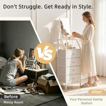 Vanity Dresser with Adjustable Mirror & 4 Drawers, White, 15.3" W | 3-Way Adjustable Mirror, 2-Tier Shelves, Steel Frame, 11-Inch Deep for Bedrooms, Dorms and Small Spaces