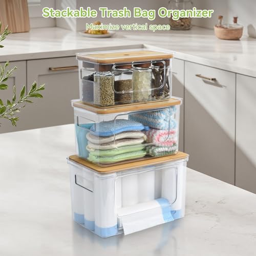 3 Pack Trash Bag Holder Dispenser with Lid Plastic... (3 Count | Clear + Yellow | Bamboo, Plastic)