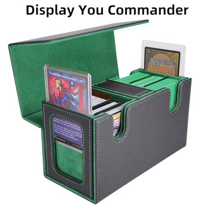 AFIING MTG Commander Card Storage Box - Fits 200 Double Sleeved Cards,3-in-1Card Deck Case,Strong Magnet Card Organizer For Magic Commander TCG CCG,4Dividers &2 Toploaders, Black/Green