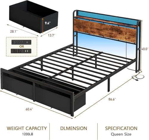 Queen Bed Frame with Headboard Storage, Charging Station, Drawers
