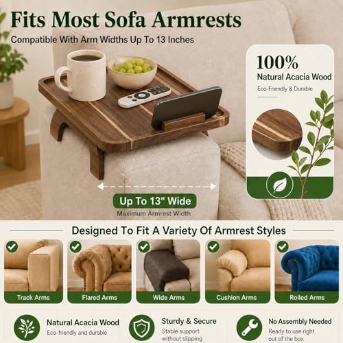 Couch Trays & Sofa Armrest Table - Multi-Functional Arm Trayes for Couch, Perfect Sofa Arm Tray Table for Snacks & Drinks