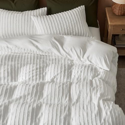 JELLYMONI White Striped Tufted Duvet Cover Set King Size | Soft Breathable, Cotton-Like Feel, Storage Bag, 8 Corner Ties & Hidden Zipper, Oeko-Tex Certified