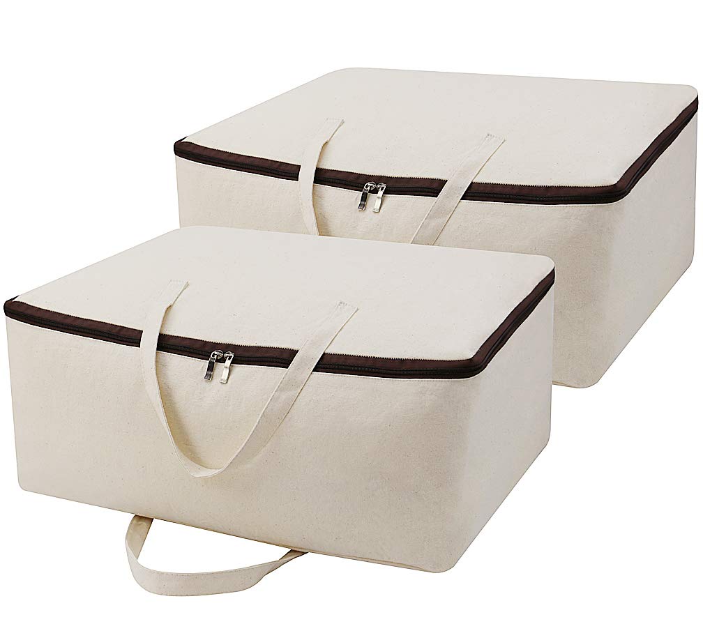 2 Pack Cotton Storage Bags for Duvets, Blankets, Soft Blanket Organizer Bag | 23.6x8.7x17.7",3-side Zip Opening,Breathable,Durable&Tear-Resistant,Sturdy handles,King/Queen Comforters,Down Jackets, Pillow