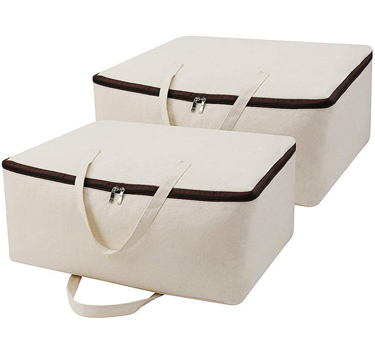 2 Pack Cotton Storage Bags for Duvets, Blankets, Soft Blanket Organizer Bag | 23.6x8.7x17.7",3-side Zip Opening,Breathable,Durable&Tear-Resistant,Sturdy handles,King/Queen Comforters,Down Jackets, Pillow