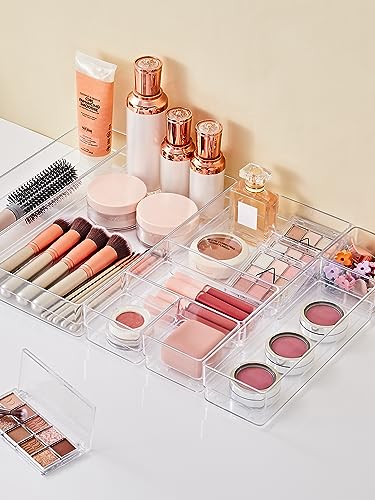 SMARTAKE 30-Piece Drawer Organizer with Non-Slip Silicone Pads, 7-Size | Desk Drawer Organizer Trays Storage Tray for Makeup, Jewelries, Utensils in Bedroom Dresser, Office and Kitchen (Clear)