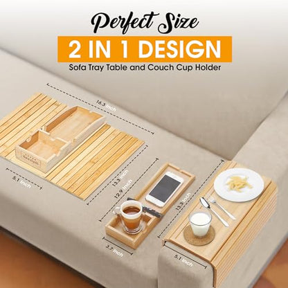 Bamboo Couch Cup Holder, 2 Cork Coasters, Anti-Slip Foldable Couch Arm Tray | 2 in 1 Foldable Sofa Arm Tray, Couch Armrest Table, Anti-Spill Couch Arm Table for Drinks TV Remote Cellphone Snacks